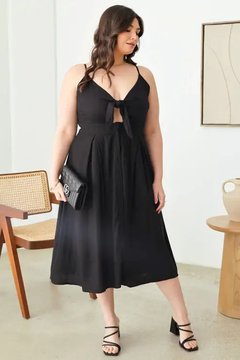 Plus Size Boho Cut-Out Bust Front Tie Smocked Back Midi Dres