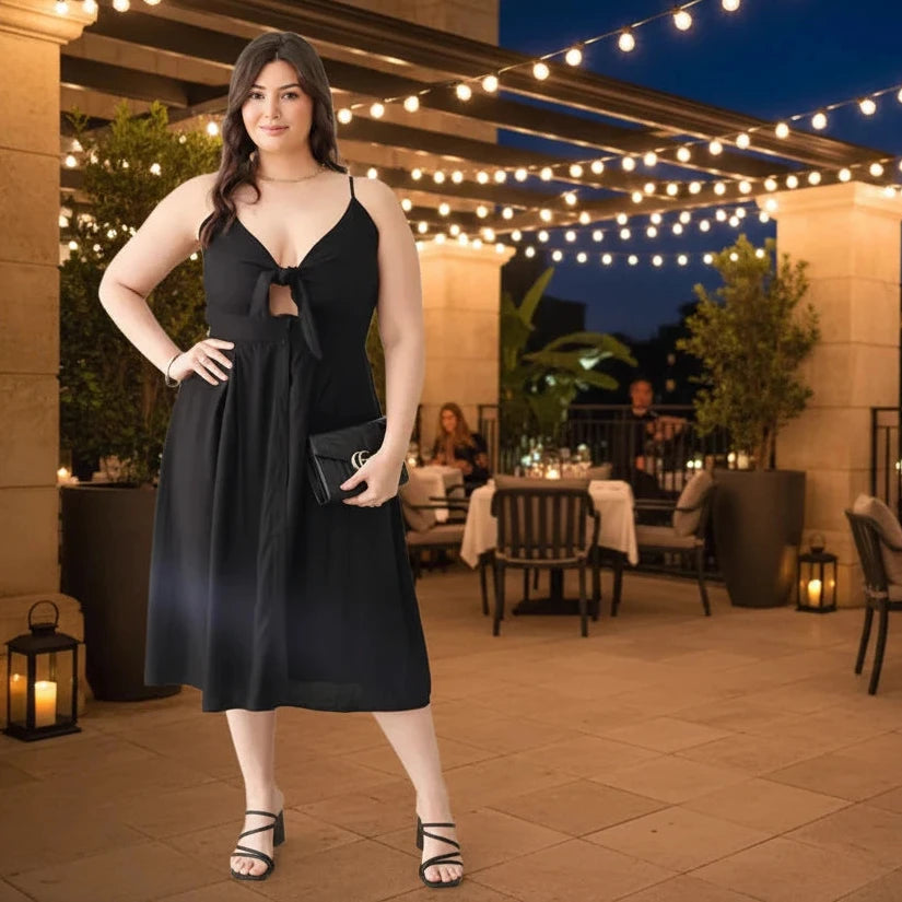 Plus Size Boho Cut-Out Bust Front Tie Smocked Back Midi Dres