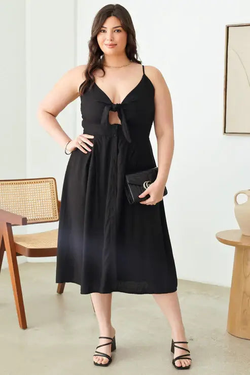 Plus Size Boho Cut-Out Bust Front Tie Smocked Back Midi Dres