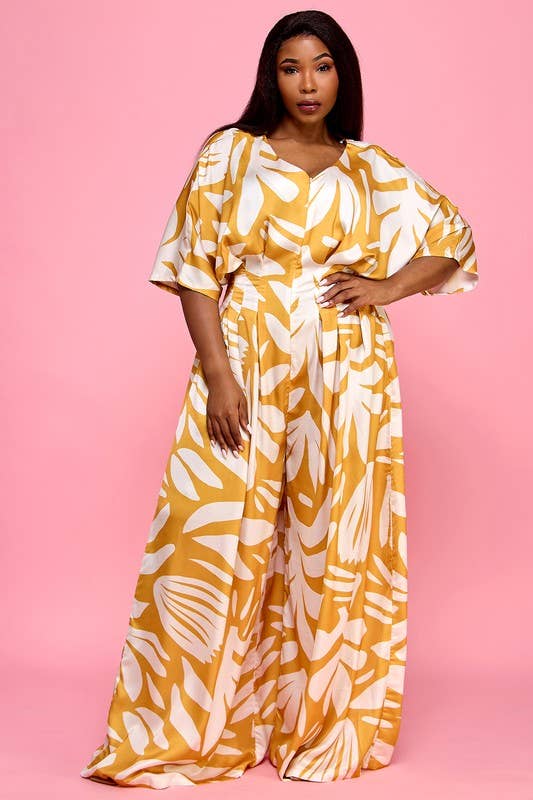 Plus Front Zip Elastic Back Wide Palazzo Jumpsuit\