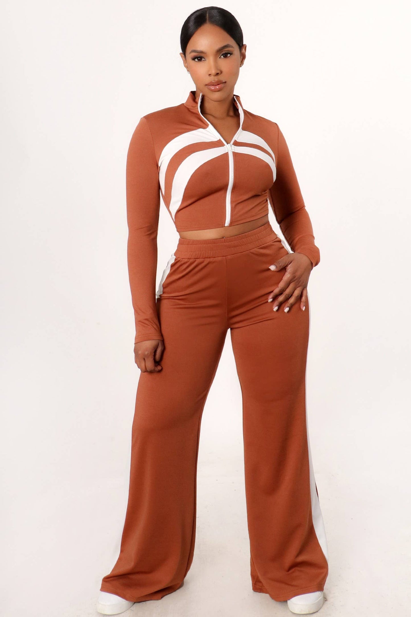 Color Contrast Crop Top And Wide Leg Pants Set-RUST
