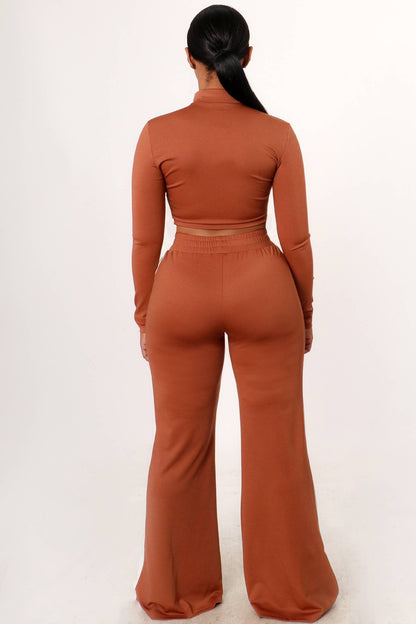 Color Contrast Crop Top And Wide Leg Pants Set-RUST