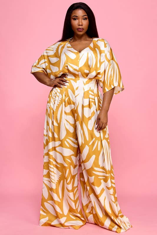 Plus Front Zip Elastic Back Wide Palazzo Jumpsuit\